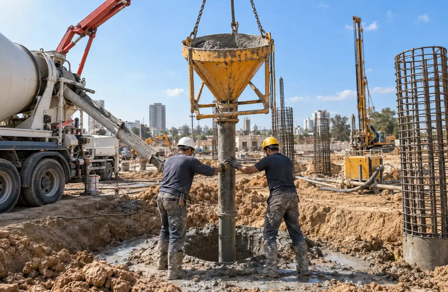 יציקת כלונסאות - תהליך היציקה מכלוב הזיון עד החציבה