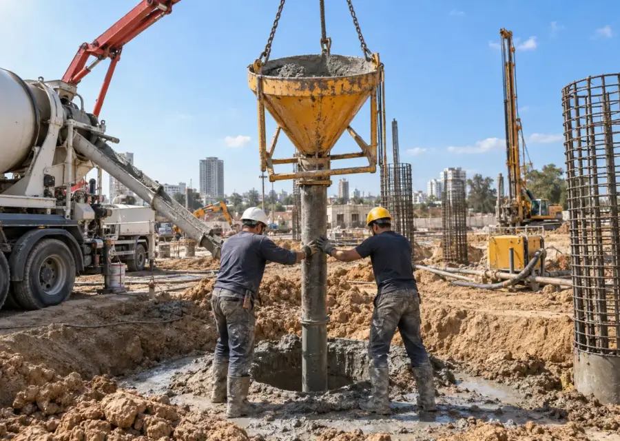 יציקת כלונסאות - תהליך היציקה מכלוב הזיון עד החציבה