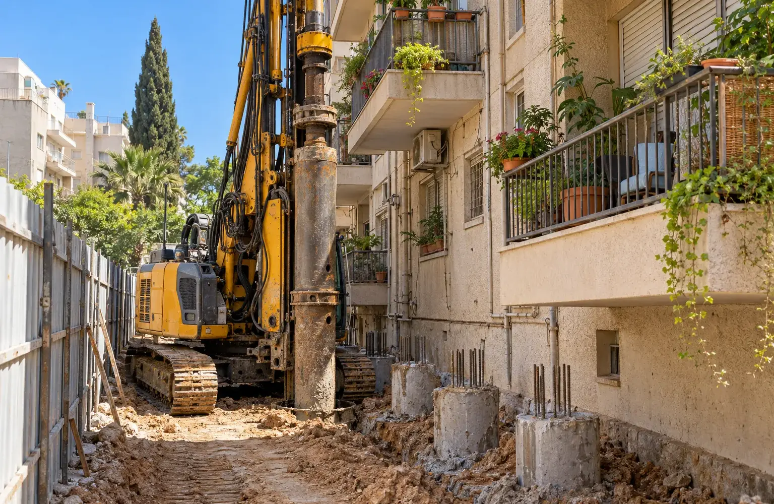 קידוח כלונסאות ליד מבנה קיים - צמוד לבניין שכן