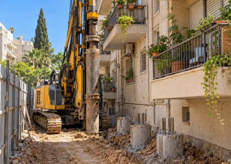 קידוח כלונסאות ליד מבנה קיים - צמוד לבניין שכן